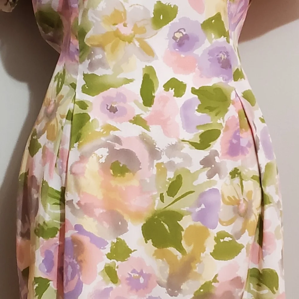 Maggy London Vtg 80s silk pastel floral watercolor square neck sheath dress 6 - Picture 7 of 12